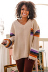 Girl On the Go V-Neck W/ Stripe Pocket and Sleeve- Beige/Multi