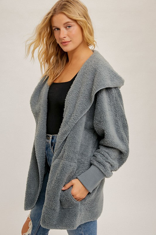 Touch of Heaven Faux Fur So Soft Plush Hooded Cardigan- Steel