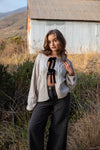 Oyster Bay Front Tie Velvet Bow Cardigan Sweater- Oatmeal/Black