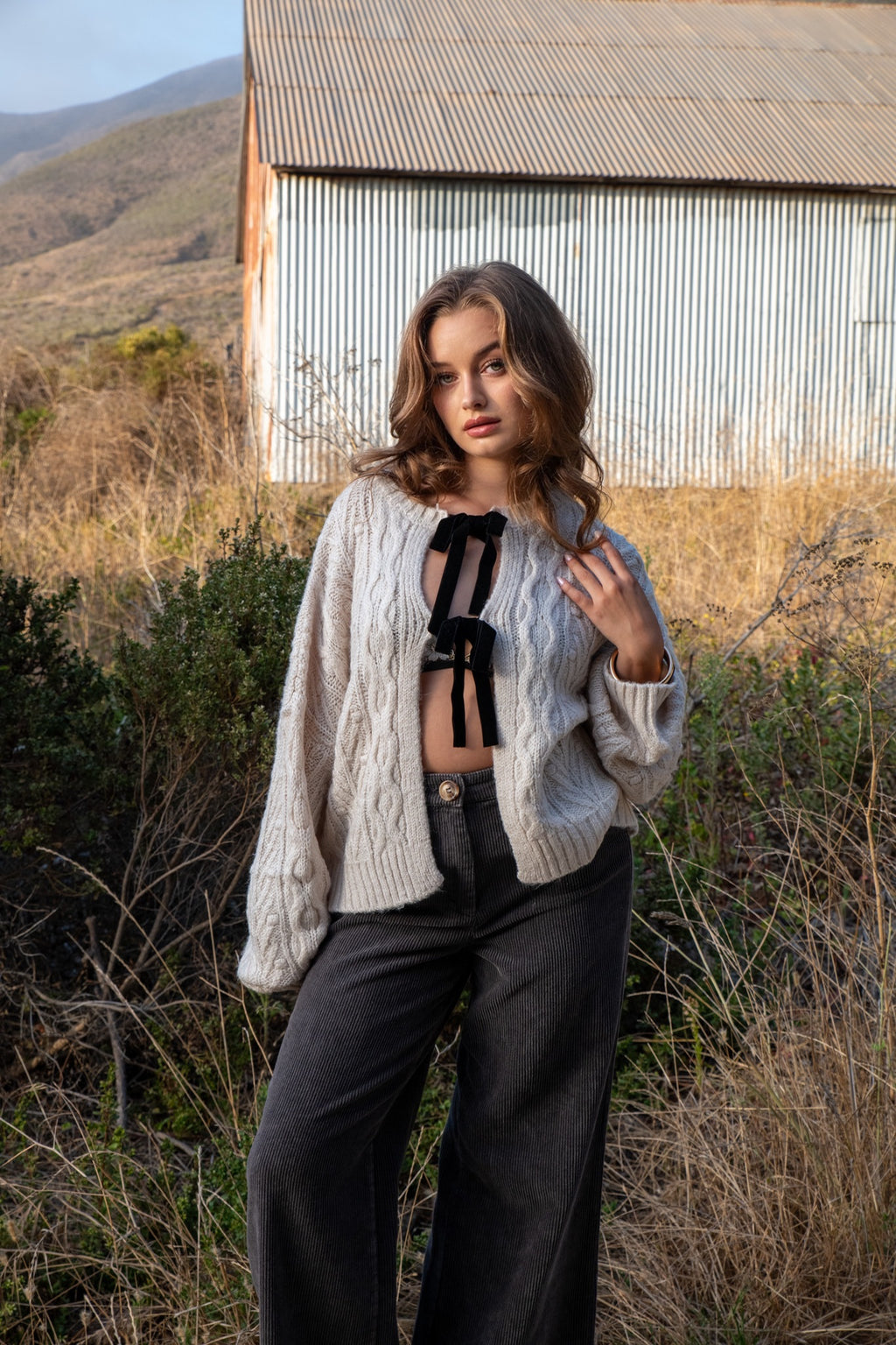 Oyster Bay Front Tie Velvet Bow Cardigan Sweater- Oatmeal/Black