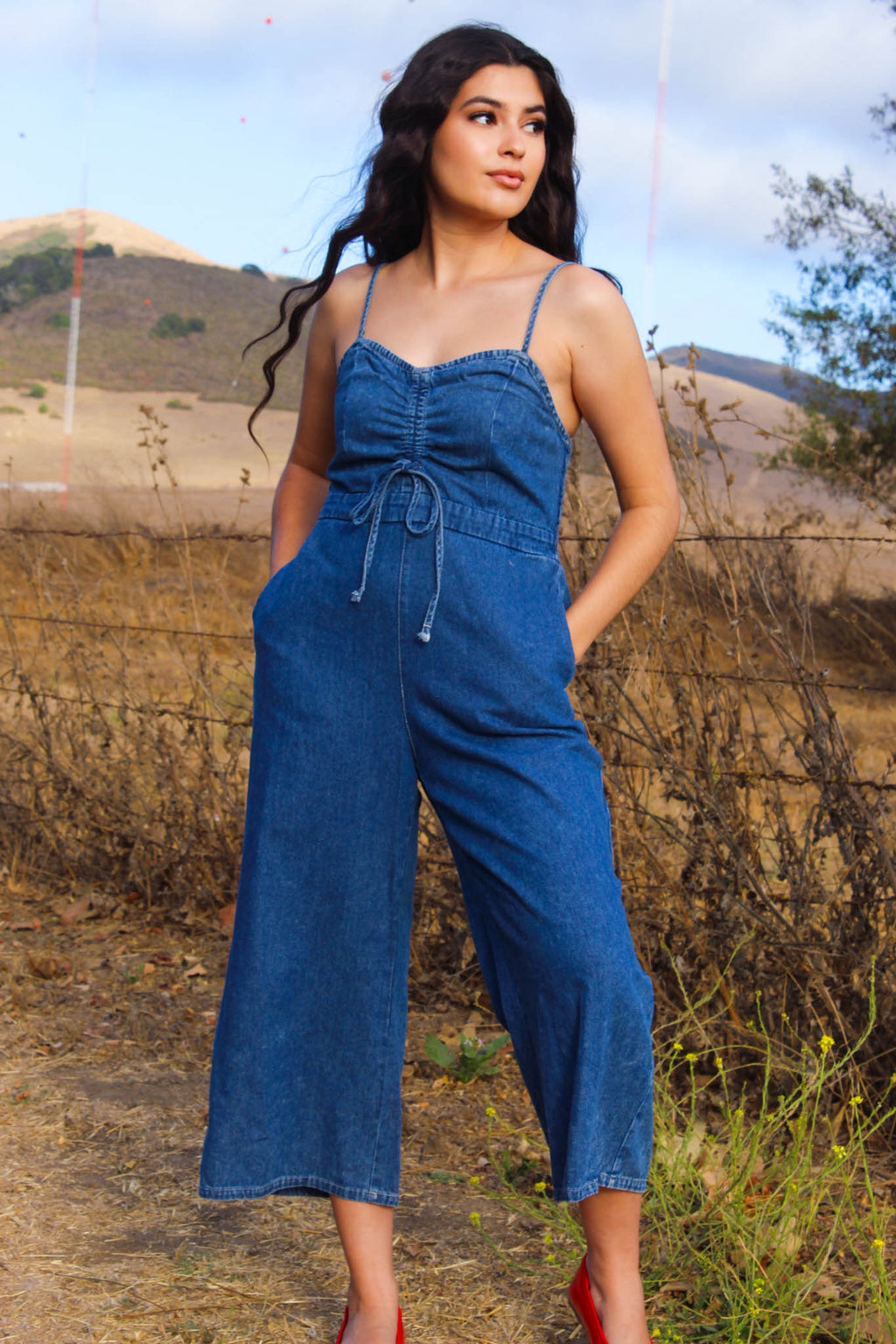 Delta Drawstring Front Denim Jumpsuit - Dark Wash