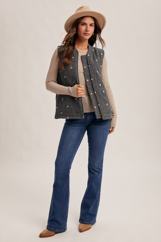 Delicate Daisies Corduroy Vest/Embroiderd Floral- Teal