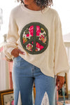 Peace on Earth Peace Sign Patch Pullover Sweater- Ivory/Green