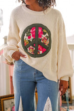 Peace on Earth Peace Sign Patch Pullover Sweater- Ivory/Green