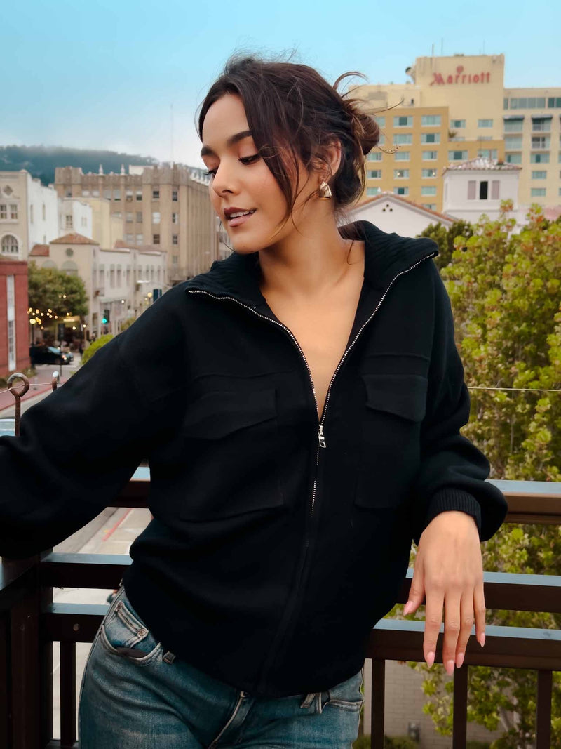 Skyline Zip Up Sweater- Black