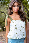 Sweet Pea Tie Trap Sleeve Scalloped Trip Top - Olive/Ivory