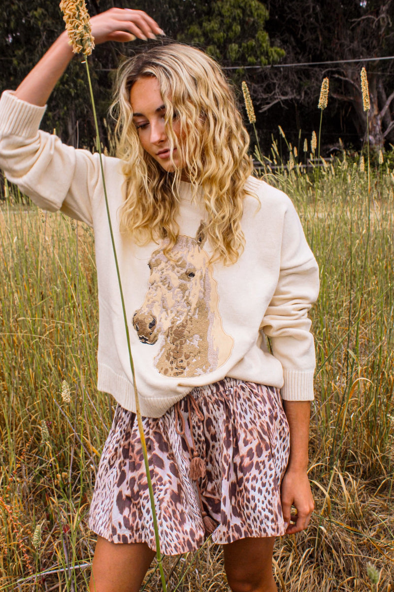 Honey Hoof Embroidered Equestrian Sweater- Gold/Ivory