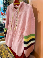 Toasty Cozy Knit Hooded Sweater W/ Stripe Detail- Pink/Multi