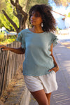 Summer Somewhere Ruffle Sleeve Muslin Top - Dusty Sage