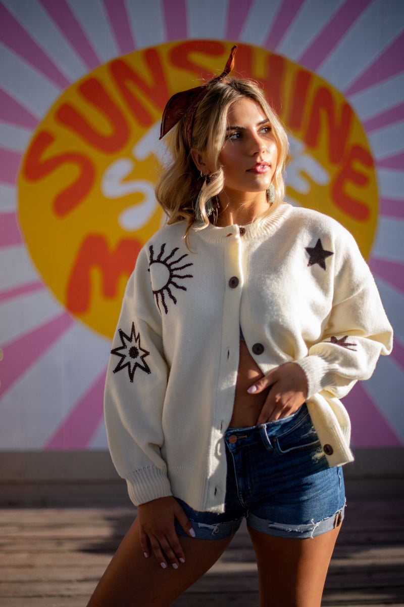 Counting Stars Detail Button Up Knit Sweater- Cream/Brown