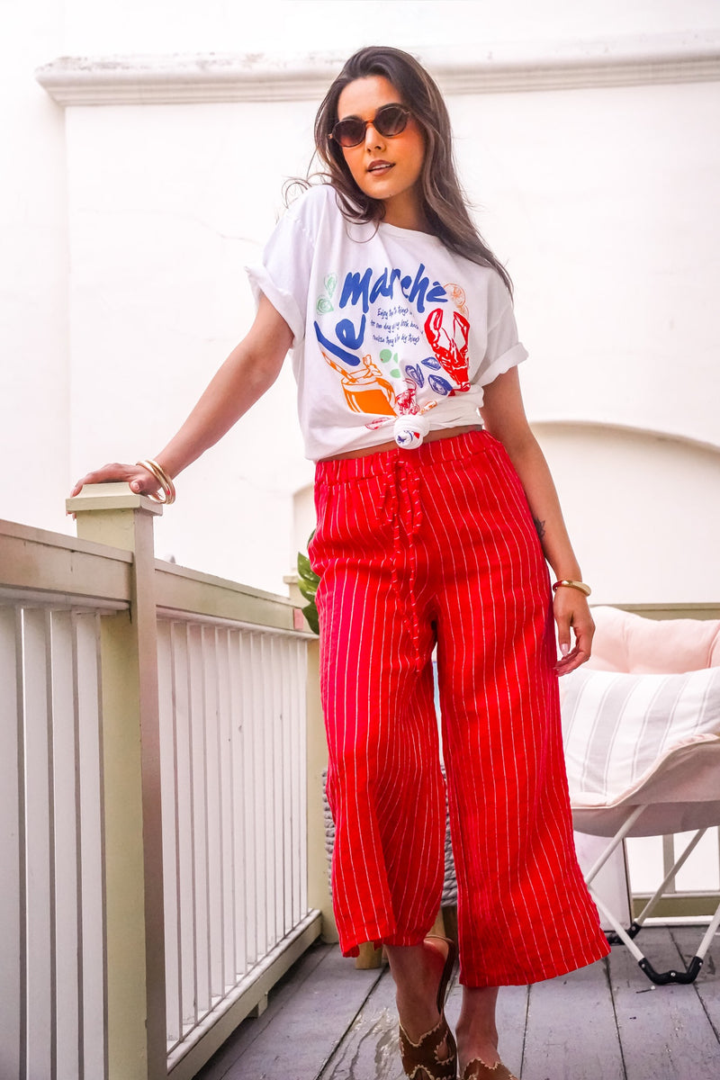 Que Sera Sera Striped Linen Pants- Red