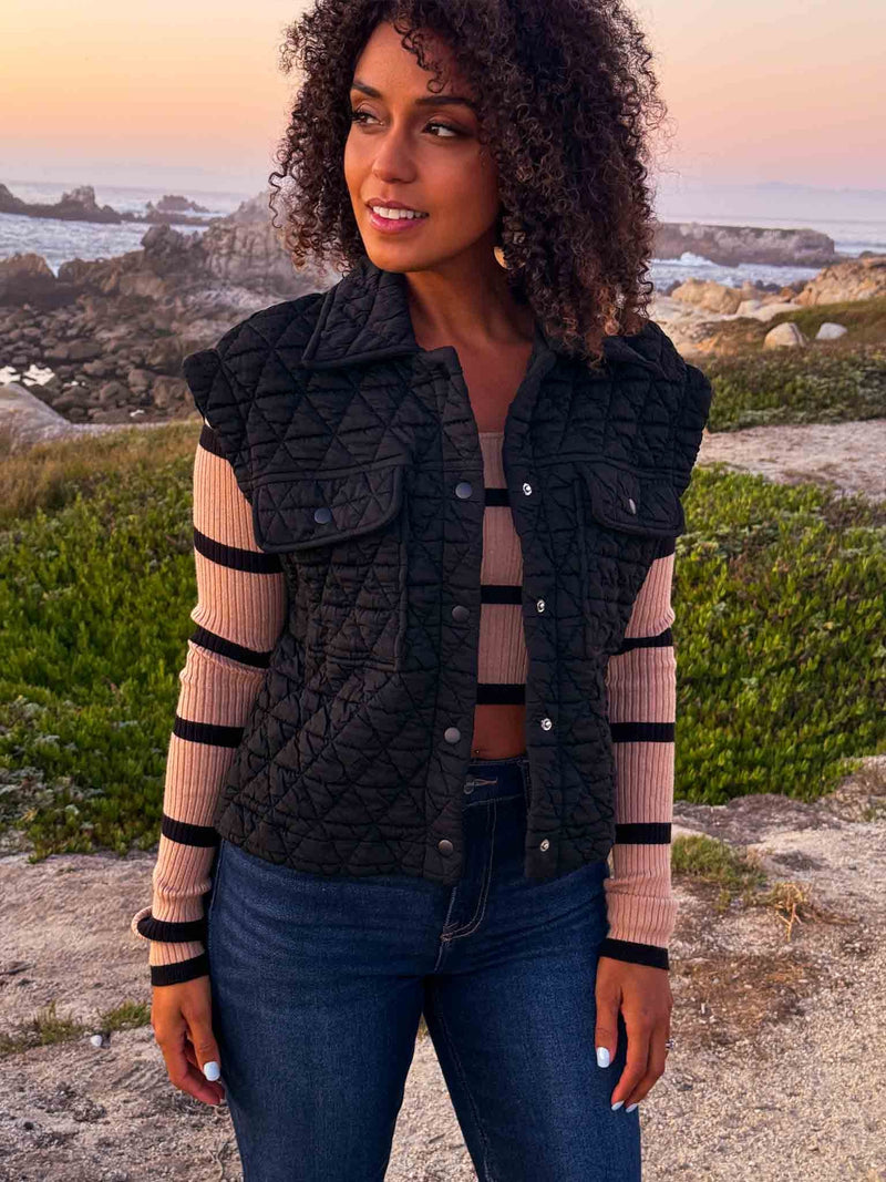 Celestial Coast Button Up Quilted Vest - Black