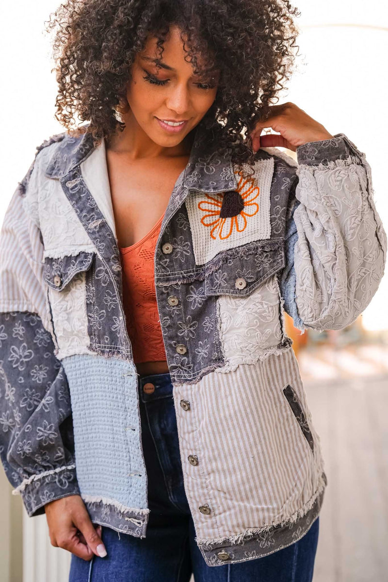 Sunshine Girl Patchwork Denim Jacket- Blue