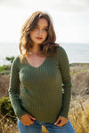 Cliffside Lush V-Neck Long Sleeve Ribbed Knit Sweater Top - Olive
