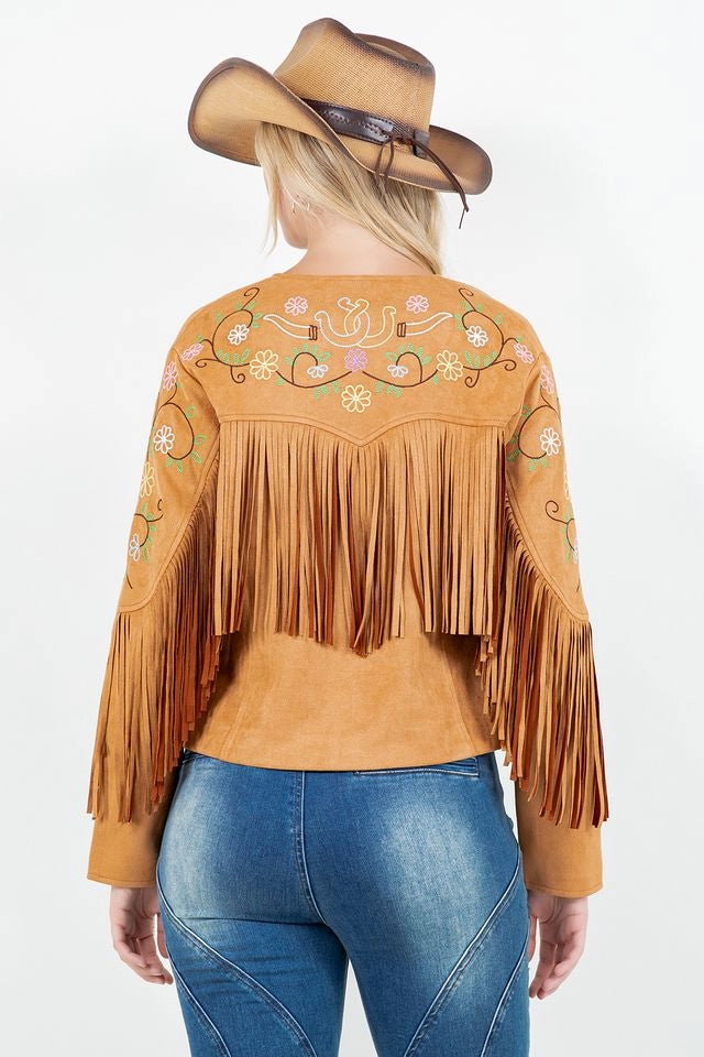 Brown suede fringe jacket with floral embroidery on a white background