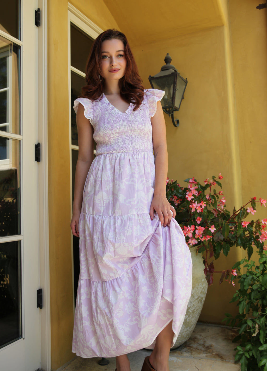 flutter sleeve ruched corset detail tiered midi dress in mauve ASOS DESIGN flutter sleeve ruched corset detail tiered midi dress in mauve