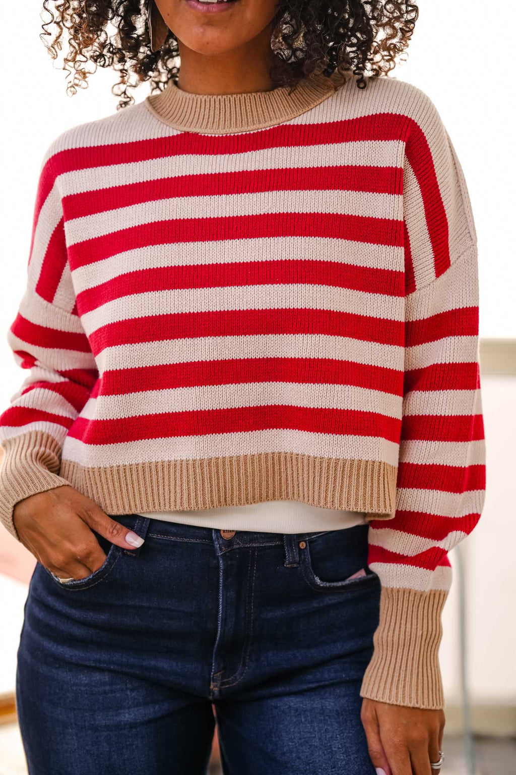 Strawberry Glaze Striped Crewneck Sweater- Red/Natural