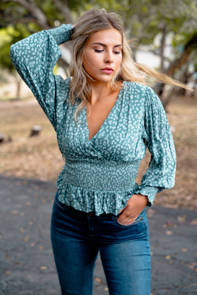 Fleur and Fog Bishop Sleeve Smocked Waist Blouse- Sage