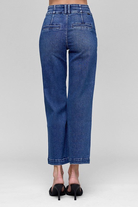 Risen Tummy Control High Rise Crop Boot Cut Jeans- Dark