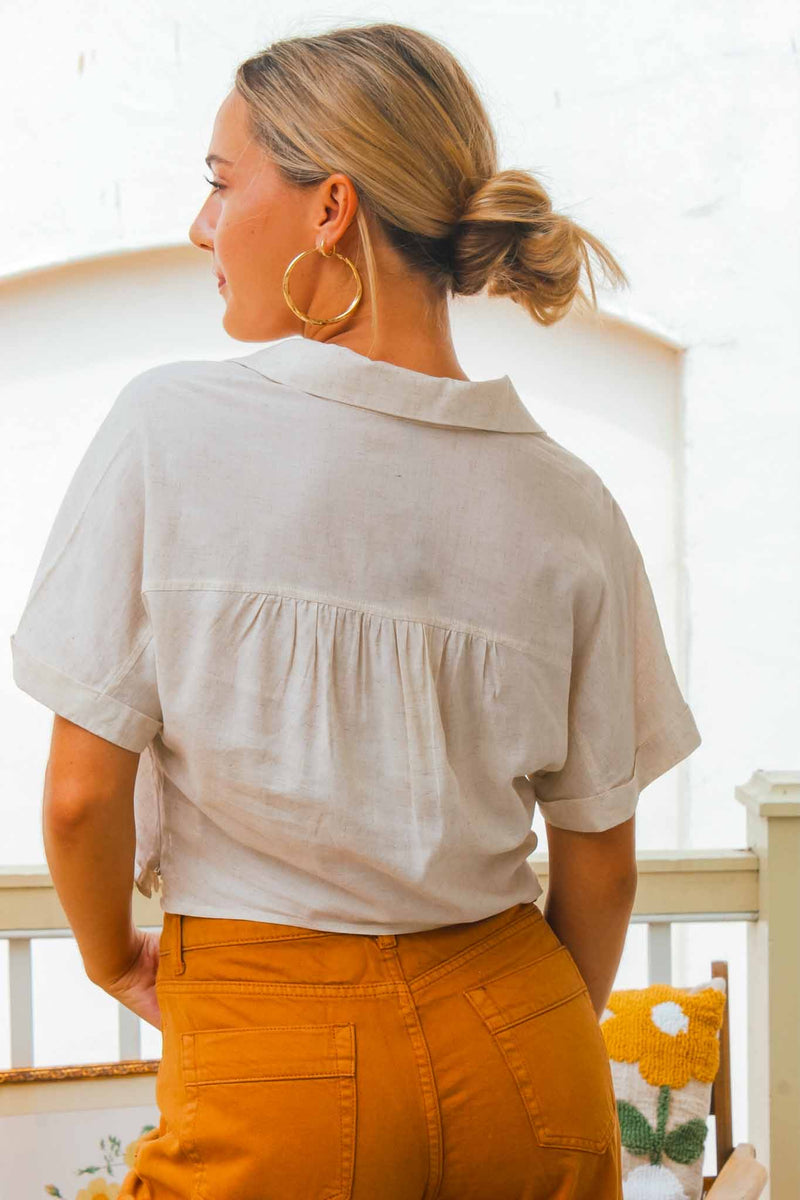 Easy Breezy Short Sleeve/Collared Linen Top - Oatmeal