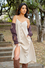 Honey Draped Spaghetti Strap Button Up Dress - Taupe