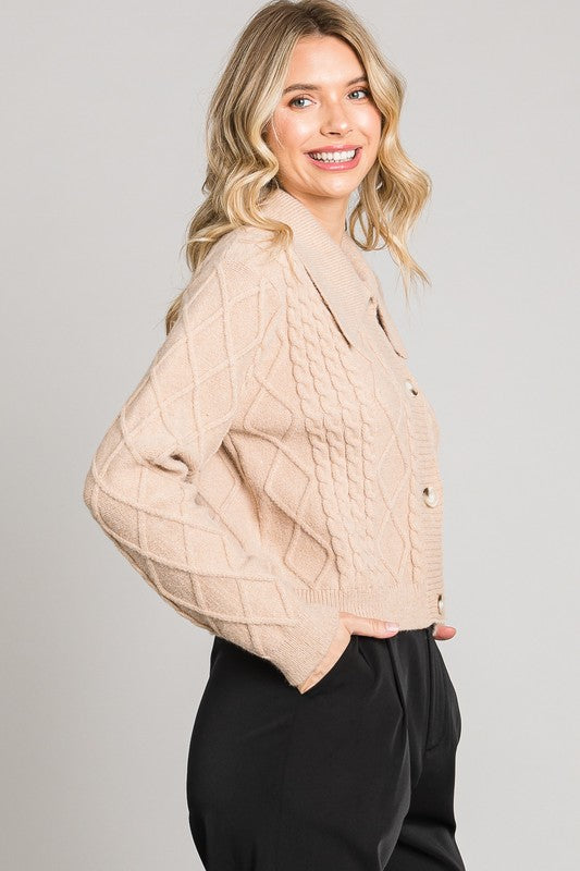 Have It All Cozy Cable Knit Cardigan Oversized Collar- Sand