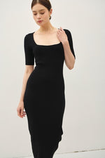 Monique Short Sleeve Ribbed Knit Midi Dress- Black