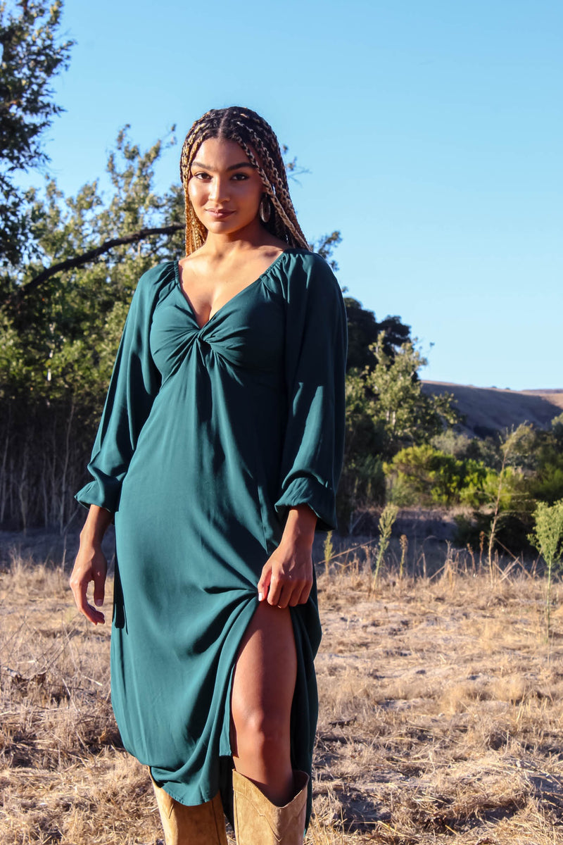 Jewel Long Sleeve Twist Knot Detail Midi Dress - Emerald