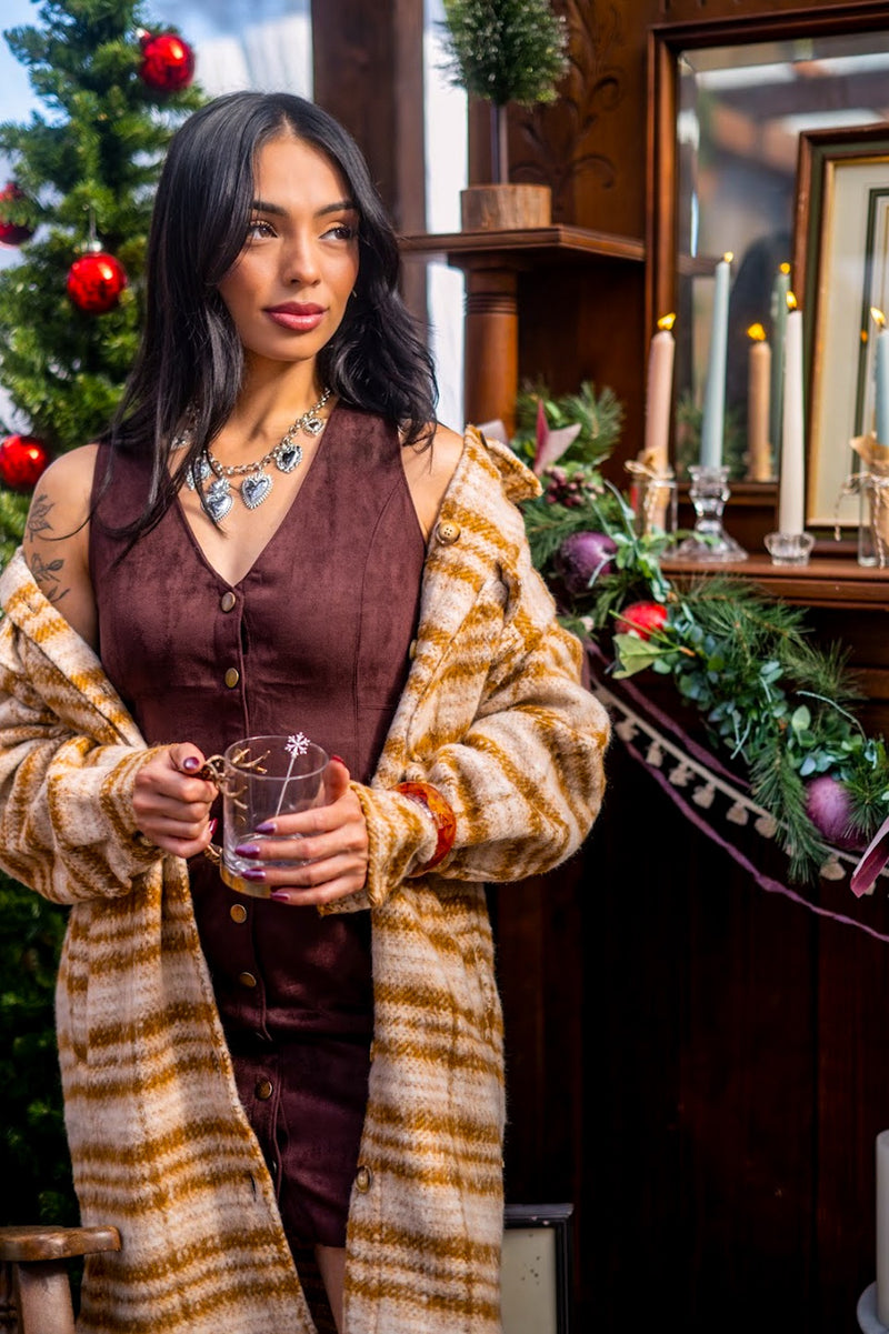 Sugar Plum Faux Suede Button Front Mini Dress- Wine