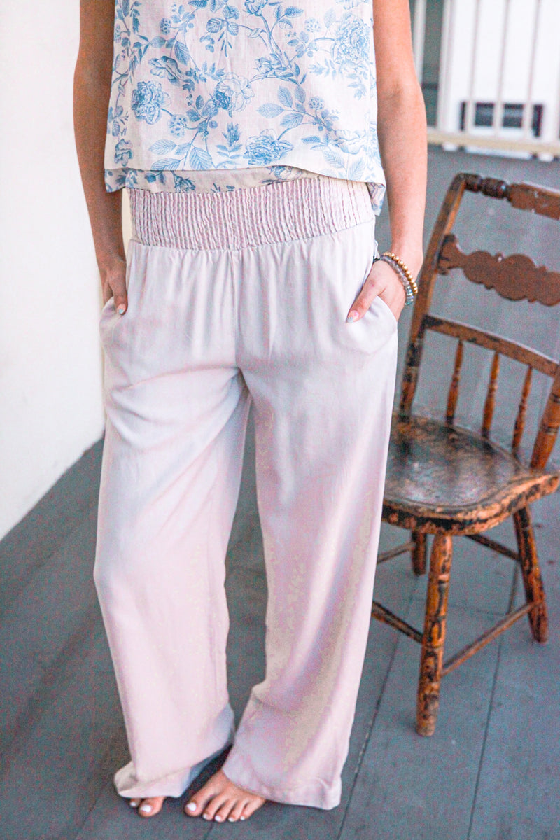 Haley Smocked Waist Wide Leg Pant - Stone
