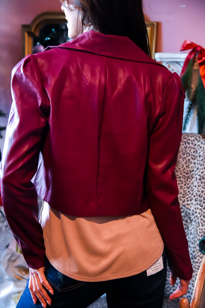 Rouge Muse Faux Leather Crop Jacket - Wine