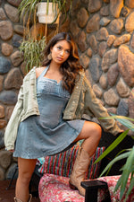 Woven Skies Halter Denim Dress- Medium Wash