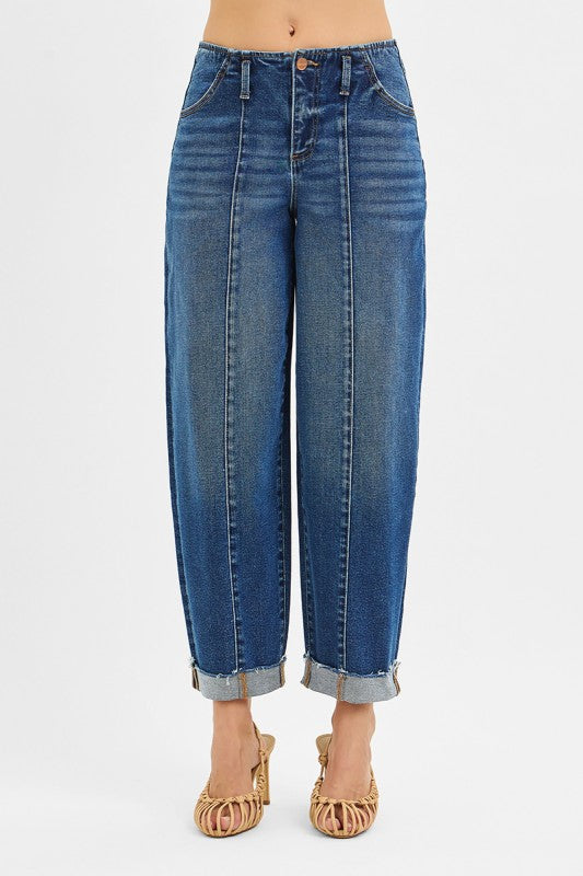 Risen High Rise Crop Bandless Barrel Cuffed Jeans