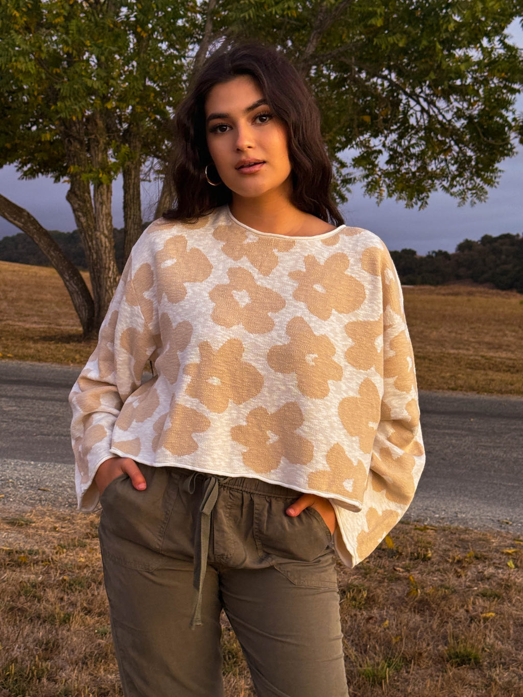 Fallen Petals Cropped Knit Sweater - Tan/Cream