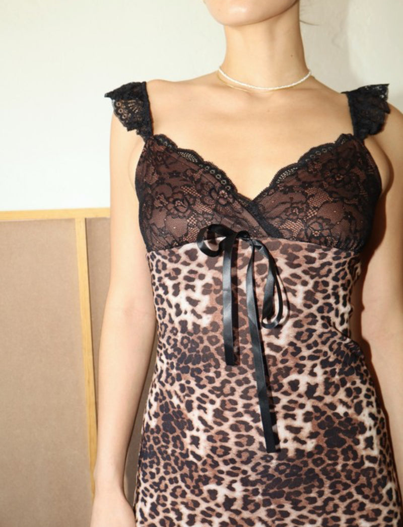 Bailey Rose Lace Detail Animal Print Slip Dress - Black/Brown