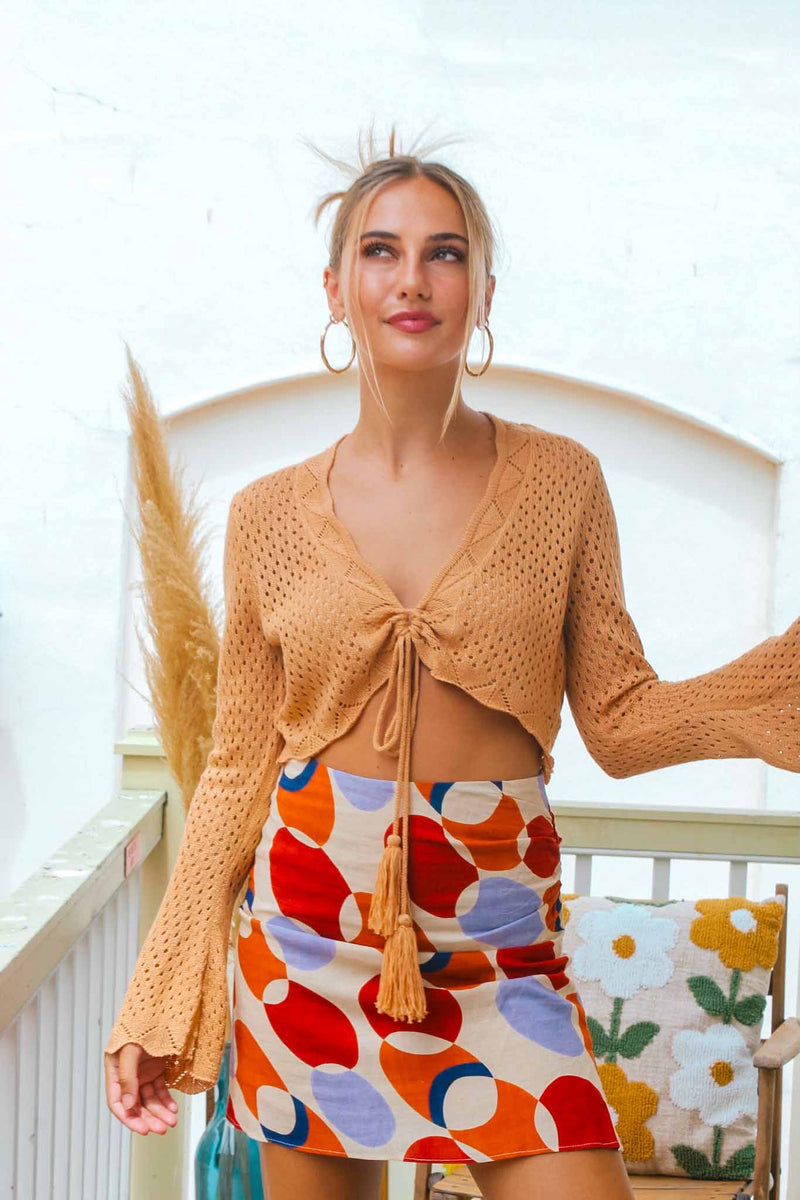 Jolene Crochet Tie Front Crop Top - Tan
