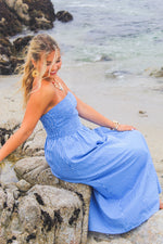 Rendezvous With You Smocked Bodice Striped Maxi Dress- Blue