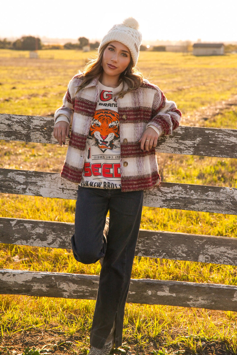 Winter Wish Short Winter Plaid Jacket - Wine/Multi