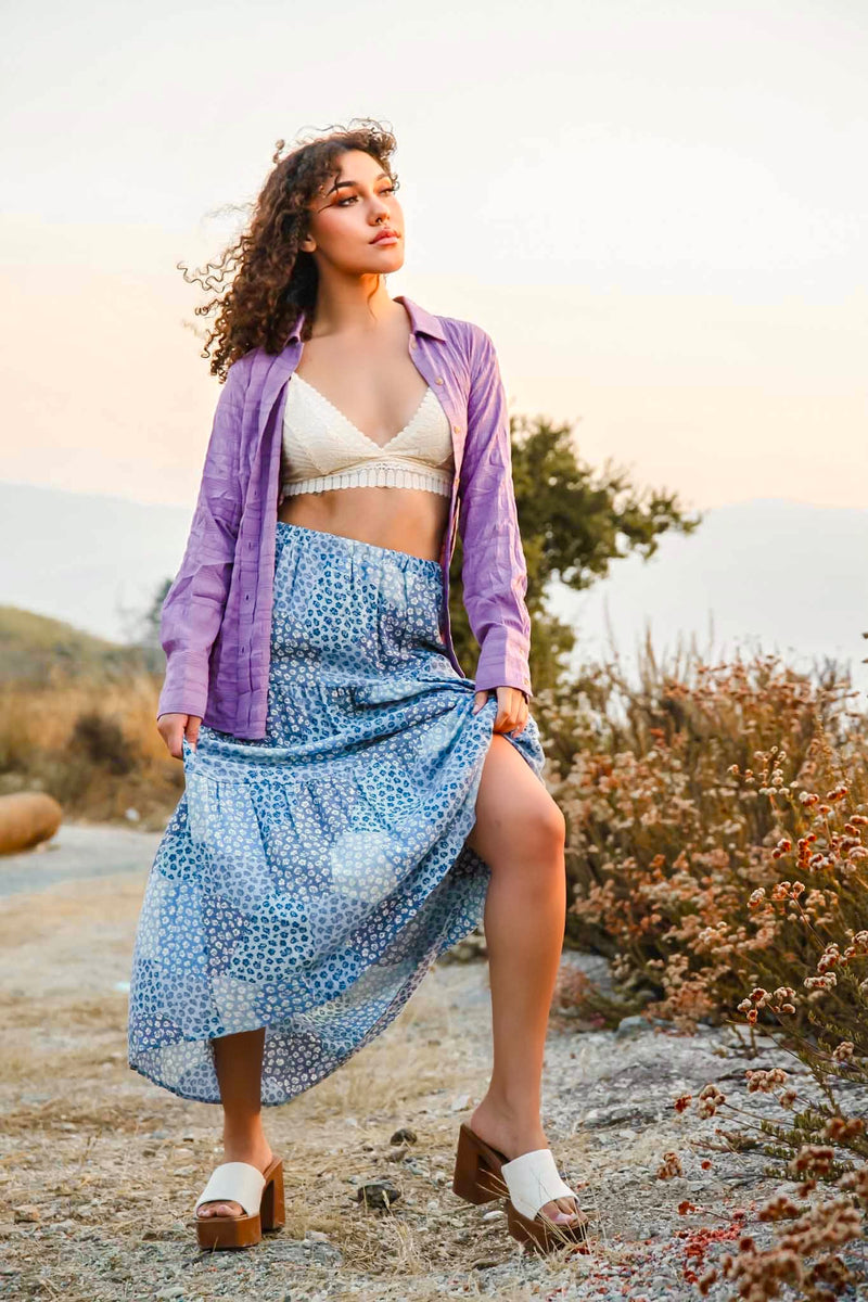 Fall Blues Floral Maxi Skirt - Blue