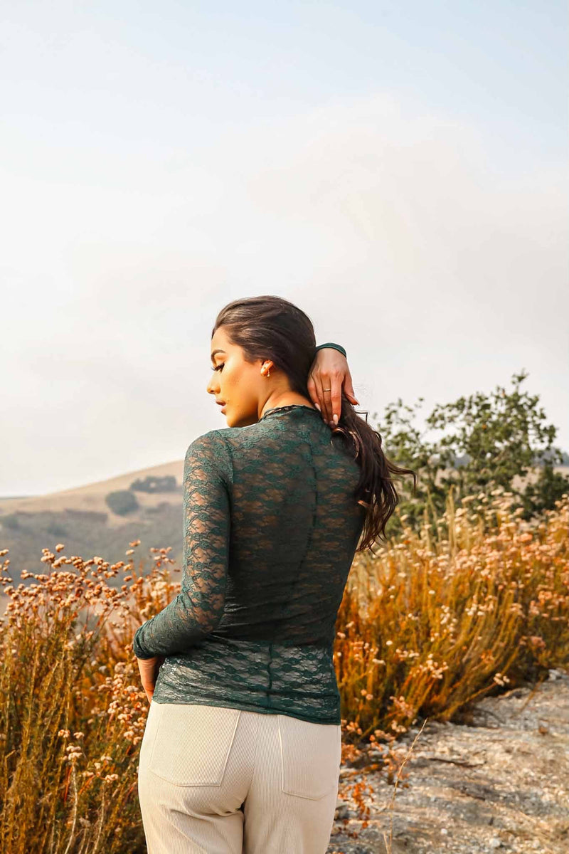 Lace Long Sleeve Top - Dark Green