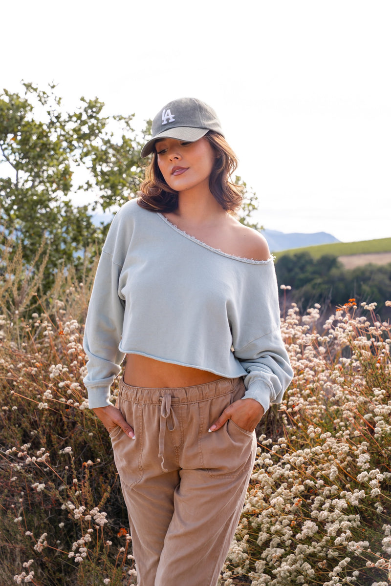 Sporty Spice Raw Hem Crop Sweatshirt- Mint