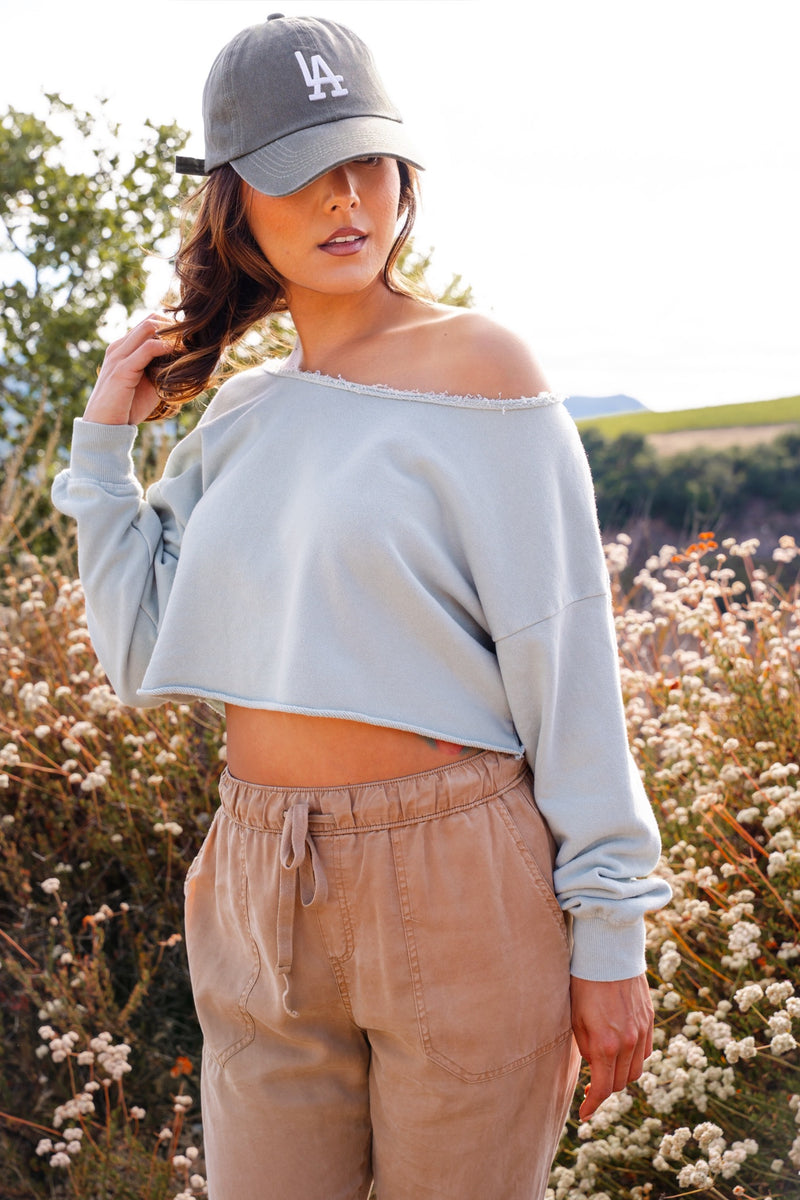 Sporty Spice Raw Hem Crop Sweatshirt- Mint