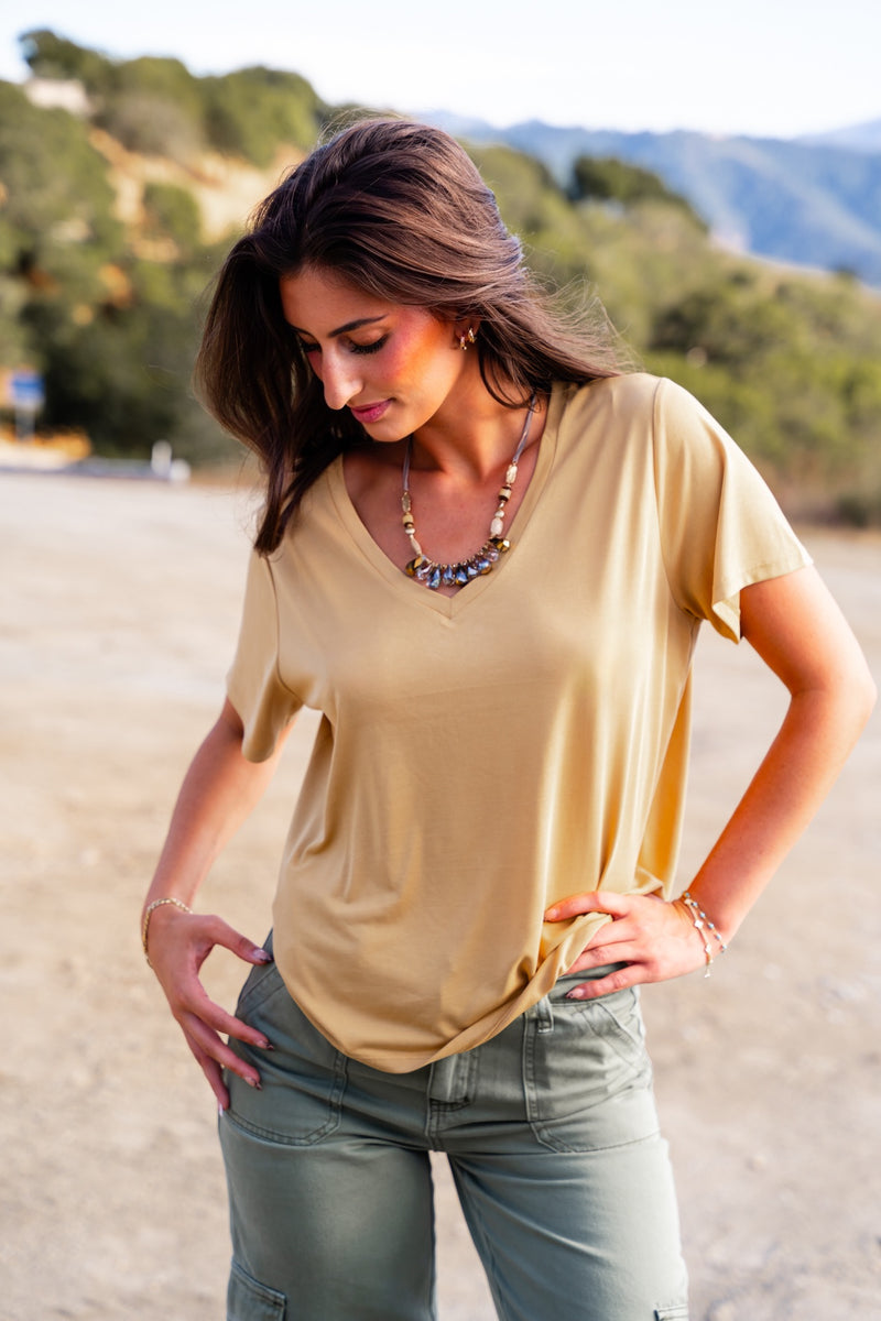 Mellow Yellow V-Neck Short Sleeve Top- Mustard