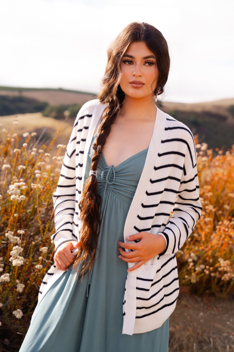 Moment In Time Open Stripe Cardigan- Black/Ivory