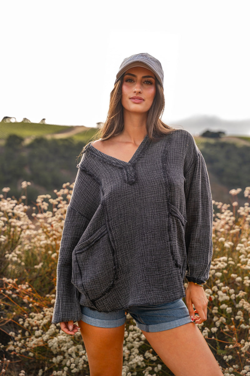 Keep It Coastal V-Neck Oversized Long Sleeve Muslin Top - Vintage Black