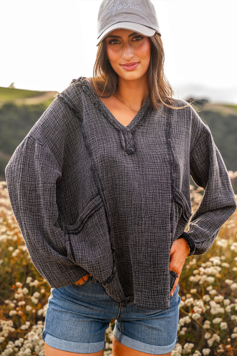 Keep It Coastal V-Neck Oversized Long Sleeve Muslin Top - Vintage Black