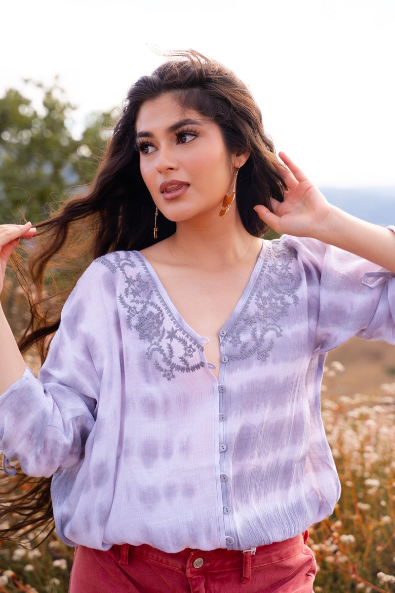 Living On The Edge Dip Dye Embroidered Button Front Blouse- Gray