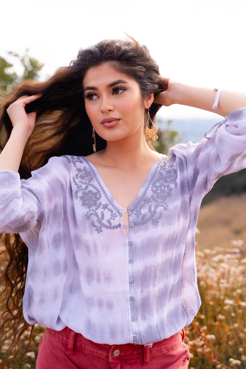 Living On The Edge Dip Dye Embroidered Button Front Blouse- Gray