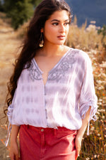 Living On The Edge Dip Dye Embroidered Button Front Blouse- Gray