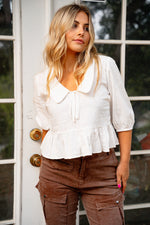 Willow Whim Balloon Sleeve Collared Blouse- White